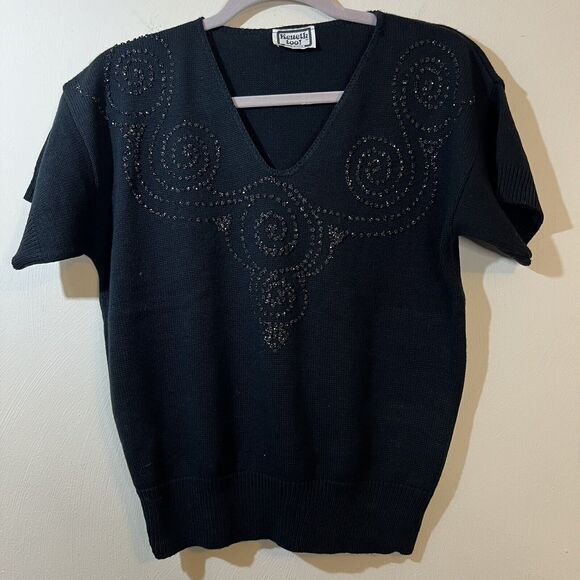 Vintage 80s Keneth too! Black Knit Sweater Swirl Beaded Short Sleeve V Neck - Picture 1 of 6